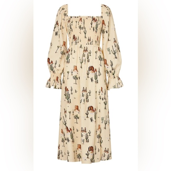 NWOT Jolene Joshua Tree Butter Yellow Print Shirred Western Print Dress - Picture 3 of 12